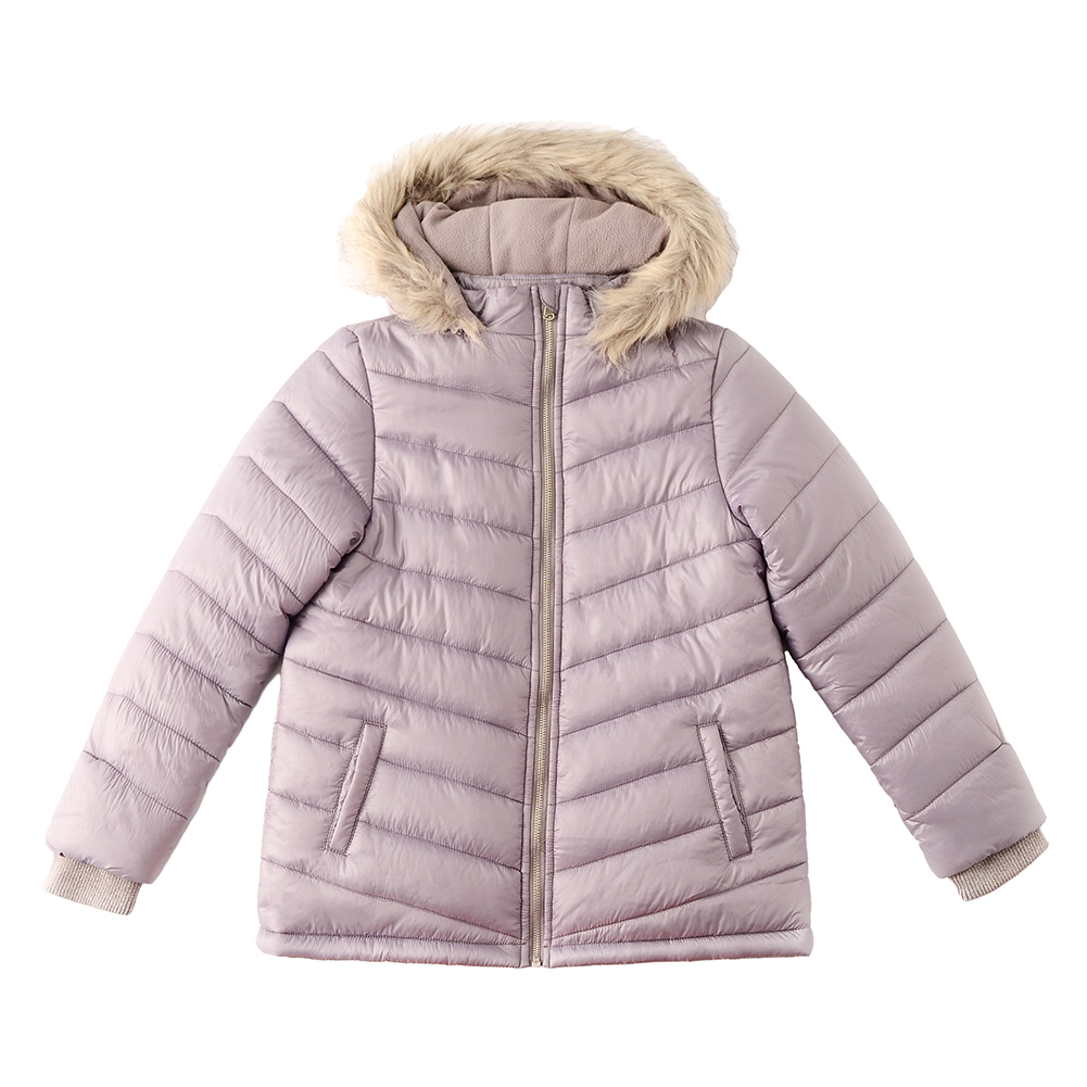 Girls Winter Jacket Full Zip Warm Faux Fur Hooded Quilted Puffer Coat